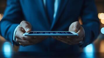 Two business people using tablet in meeting, discussing project ideas, professional 3D visualization photo