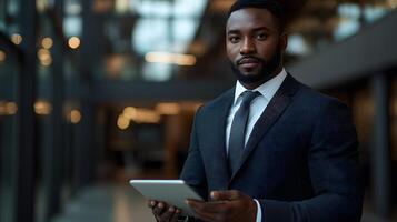 Focused businessman calculating financial data on tablet in sleek office setting photo