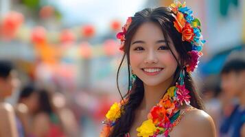 Travelers enjoying a traditional festival parade, wearing cultural attire, colorful decorations, music, and dancing, festive and joyful atmosphere photo