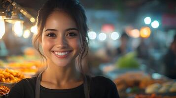Travelers trying local snacks in a bustling market, smiling and chatting with vendors, authentic and flavorful scene, full of energy photo