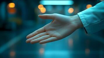 Doctor extending hand to patient, positive clinic atmosphere, modern healthcare setting photo