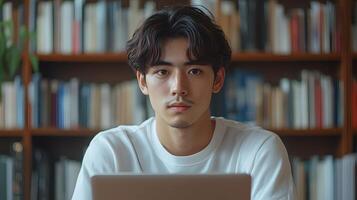 Asian student in casual clothing using laptop while glancing at smartphone, 3D rendering of learning space photo