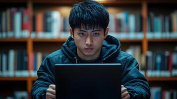 Student of Asian descent using laptop and smartphone while sitting, in an organized 3D workspace photo