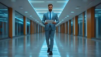 Business executives using tablet for communication, technology in modern office, realistic 3D render photo