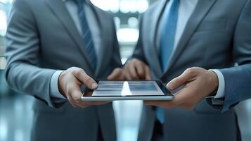 Two business people using tablet in meeting, discussing project ideas, professional 3D visualization photo