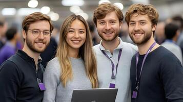 Team members in casual attire collaborating with a laptop, discussing ideas in a high-tech office setting photo