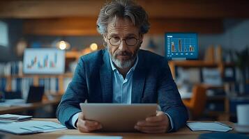 Financial consultant studying data on tablet, graphs and analytics displayed, office setting photo