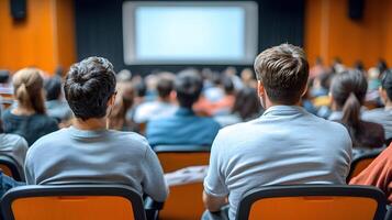 Isometric illustration of business training class, teacher in front of a screen, audience in chairs, room setup photo