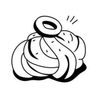 This whimsical black and white line art illustration depicts a visually appealing Danish roll vector