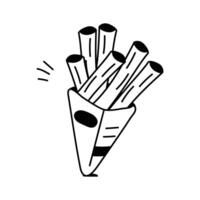 Hand drawn icon of a churros stick in a paper cone vector