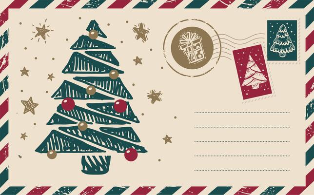 Christmas mail with tree, postcard, hand drawn illustration