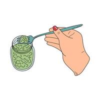 Hand extends fork to scoop food from jar. Step of fermentation. Tasting food during the canning process. Hand drawn illustration. vector