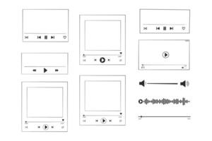 player display frame, line doodle bar with buttons, progress line, sound. Hand drawn border, media window. Panel icon, vector