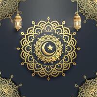 Ramadan Kareem greeting card with golden crescent moon and lanterns vector
