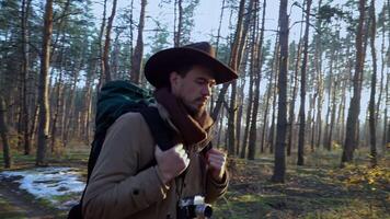 Backpacker with a camera walks along a trail in the forest. Travel concept. 4K video