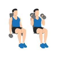 Man doing seated both arms dumbbell bicep hammer curls exercise. vector