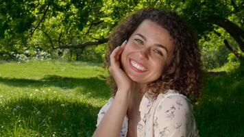 Awesome female person smiling at camera in slow motion inside. Close up of Womans Face with Great Positive Emotions, Laughing, Smiling Charmingly. video
