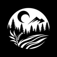 A black and white logo of a mountain and trees vector