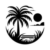 A black and white silhouette of a palm tree and the ocean vector