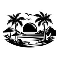 A black and white image of palm trees and a beach vector