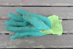 A Pair of Worn Gardening Gloves is Resting on a Wooden Surface, Ready for Use in the Garden photo