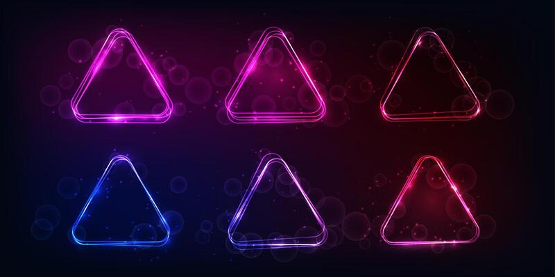 Neon rounded triangle frame with shining effects and sparkles