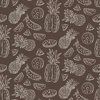 Seamless hand drawn contour pineapple pattern with tropical fruit illustrations on dark background. Tropical fruits concept. doodle illustration for vegan concepts vector