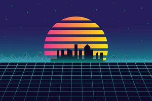 Retro futuristic vaporwave cityscape with grid foreground, neon sunset, and geometric mountains under a starry sky. Nostalgia abstract poster with copy space. vector