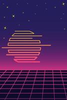 Retro futuristic vaporwave background with neon grid, geometric sunset, and starry sky gradient. Nostalgia vertical abstract poster with copy space vector