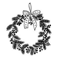 Hand drawn black and white Christmas wreath illustration with pine branches, berries, and a decorative bow in monochrome style. hand drawn drawing isolated on white background vector