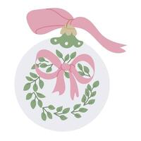 Elegant Christmas ornament with pink ribbon bow and green leaf wreath design isolated on white background. hand drawn drawing isolated on white background vector