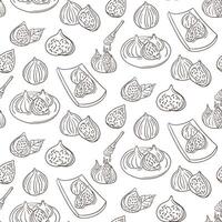 Seamless contrast hand drawn fig pattern with honey dipper illustrations isolated on white background. doodle illustration for vegan concepts vector