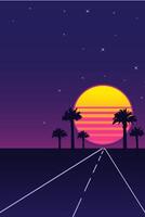 Retro futuristic vaporwave landscape with glowing sunset, palm trees, and road leading into the horizon under a starry sky. Nostalgia vertical abstract poster with copy space vector