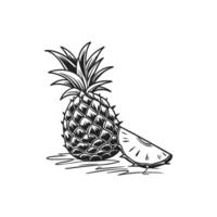 A black and white drawing of a pineapple with a slice of fruit vector