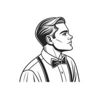 A black and white drawing of a man with a bow tie vector