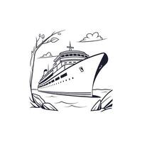 A cruise ship in the ocean with trees and rocks vector