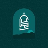 Ramadan Kareem calligraphic design, translated as 'Blessed Ramadan,' set against a sunset background. vector
