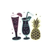 Tropical cocktail illustration with pineapple, lime and cocktail vector