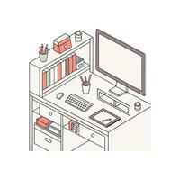 An illustration of a desk with a computer, books, and other items vector