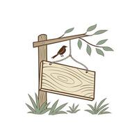 Wooden sign with bird on it, hanging from a tree vector