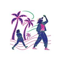 Two people are walking on the beach with palm trees vector