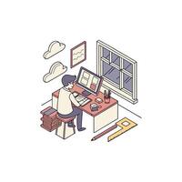 A man is sitting at a desk with a laptop vector