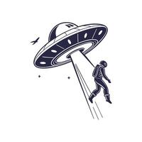 An illustration of a man flying in front of an alien spaceship vector