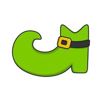 A simple cartoon illustration of a green leprechaun shoe. The shoe has a gold buckle and a pointed toe. This image is commonly associated with St. Patricks Day. vector