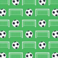 Soccer ball and goal seamless pattern on green background. vector