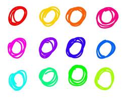 A set of 12 hand-drawn scribble circles in vibrant colors, including red, yellow, orange, pink, purple, blue, cyan, and green. Each circle is irregular, with a sketchy style on a white background vector