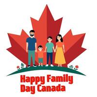 Illustration of a happy family with two children standing in front of a red maple leaf, symbolizing Family Day in Canada. Perfect for celebrating unity vector