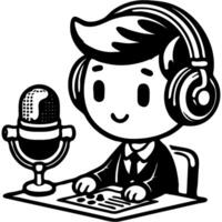 Male radio DJ sitting at studio microphone at work place in monochrome. Simple minimalistic in black ink drawing on white background vector