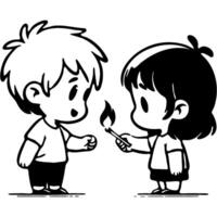 Children play with matches carelessly and can get burned in monochrome. Careful handling of matches and fire. Simple minimalistic in black ink drawing on white background vector