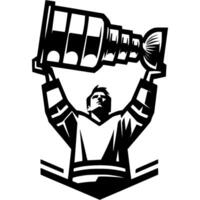Victorious hockey player raised trophy cup above his head in monochrome. Simple minimalistic in black ink drawing on white background vector